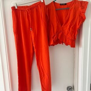 Fancyinn Women's Vibrant Orange Pants and Top Set